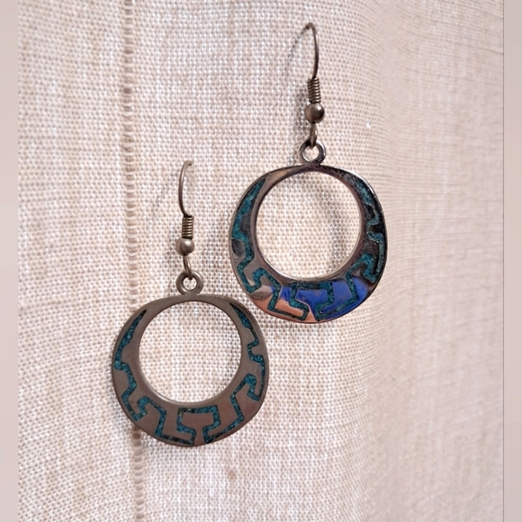Taxco 925 Sterling Silver And Turquoise Hoop Earrings - Picture 4 of 4